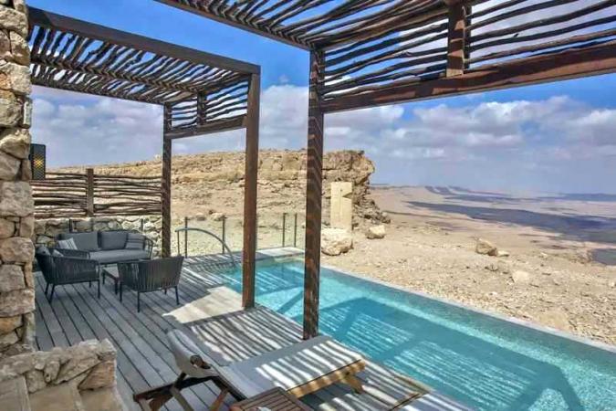 Desert infinity pool at Beresheet Hotel with sweeping Negev views, Mitzpe Ramon