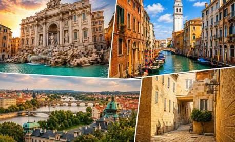 Collage of walkable cities for a Shabbat-friendly vacation featuring Prague, Venice, Rome, and Jerusalem