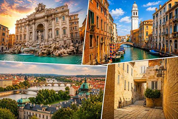 Collage of walkable cities for a Shabbat-friendly vacation featuring Prague, Venice, Rome, and Jerusalem